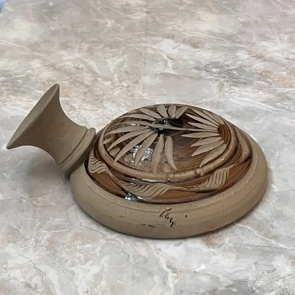 Sandstone Pottery Flat Water Vase Vessel Brown Signed